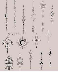 an assortment of different tattoo designs on a gray background with the sun, moon and stars