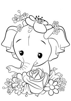 an elephant with flowers on it's head is shown in this coloring book page