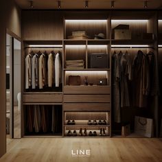 a walk in closet filled with lots of clothes and shoes on top of wooden shelves