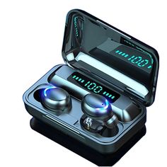 two earphones in an open case with the time displayed on it's display