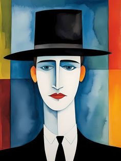 a painting of a man in a black hat and suit with blue eyes wearing a tie