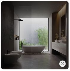 a bathroom with two sinks and a bathtub next to a large glass window that looks out onto the outdoors