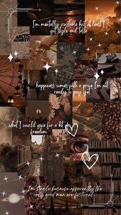 a collage of photos with words and pictures on them, including stars in the background