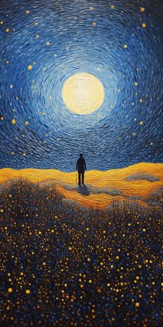 two people standing in the middle of a field under a night sky with yellow stars