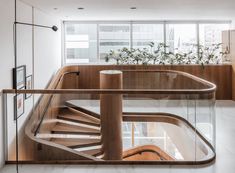 a wooden staircase with glass railing and planters on the wall behind it in a modern home