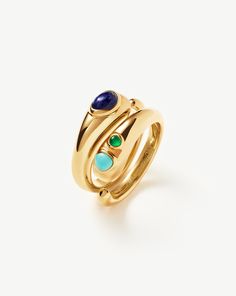 Molten Gemstone Double Stacking Ring Set | 18ct Gold Plated/Chalcedony & Turquoise & Lapis blue/gold. Make It Molten. This Organic-Inspired Ring Set Features Two Sculptural Bands that Fit Together to Create One Statement Ring. One Features Turquoise and Green Chalcedony Gemstones, the Other is Embellished with Lapis. Style the Rings Separately or Stack Together. Metal: 18Ct Recycled Gold Plated on Brass Dimesnions: 5. 6mm X 7. 8mm Gemstones: Green Chalcedony, Lapis & Turquoise Weight: 7. 5g Prod Lapis Ring, Green Chalcedony, Stacking Ring Set, Gold And Silver Rings, Silver Moon, Pearl Pendant Necklace, Ring Size Guide, Ring Sizes Chart, Recycled Sterling Silver