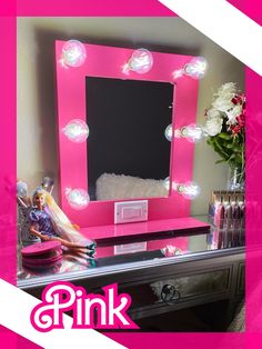 Pink vanity mirror with lights 18 x 18 - Made in the USA Desktop or wall mount (both options included). Low profile on/off switch with sliding dimmer. Dimmable LED bulbs only (optional) W is the white frosted bulbs and C is the clear bulbs.  If you order bulbs, they ship from a third party, so expect 2 packages. Designed for optimal lighting and perfect size, ideal for home or professional use. Solid wood and MDF construction with quality electrical components. Mirror size 12'' wide by 15'' tall Pink Vanity Mirror, White Vanity Mirror, Pink Vanity, Vanity Mirror With Lights, Makeup Organization Vanity, Vanity Room, Pink Stuff, Pink Bedrooms, Pink Collection