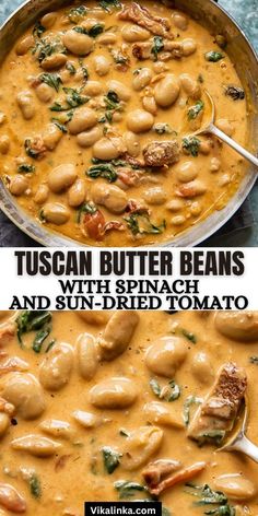 two pictures showing different types of beans and spinach in a skillet with the words tuscan butter beans