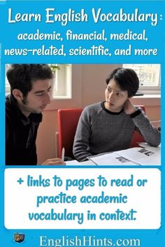 a man and woman sitting at a table in front of a blue sign that says learn english