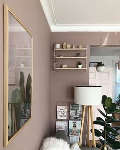 a living room filled with furniture and a large mirror on the wall next to a potted plant