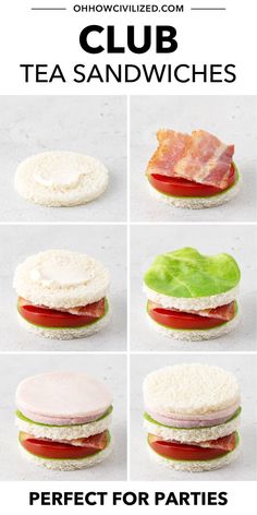 different sandwiches with bacon, lettuce and tomato on them are shown in this poster