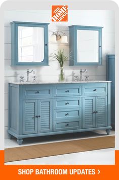 a blue bathroom vanity with two mirrors above it and the words shop bathroom updates >