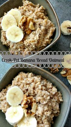 two bowls filled with oatmeal and banana slices on top of each other