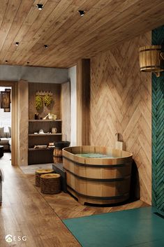 a large wooden tub sitting in the middle of a room next to a living room