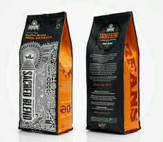 two bags of coffee sitting next to each other on a white surface with an orange and black design