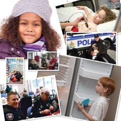 a collage of photos with children and police officers