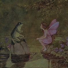 a fairy sitting on a rock next to a frog in the water with its wings outstretched