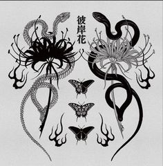 an ink drawing of flowers and snakes