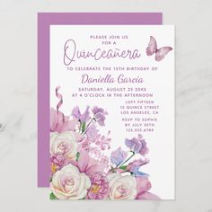 a purple and white floral birthday party card with butterflies on the front, flowers in the background