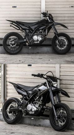 two pictures of a black motorcycle parked in front of a garage door with the doors open