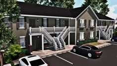 an artist's rendering of a two story apartment building with parking lot and stairs