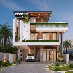 a white truck is parked in front of a modern house with greenery on the balconies