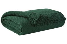 a green blanket with fringes on the top and bottom, folded in two rows