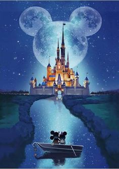 mickey and minnie mouse on a boat in front of a castle with the moon behind them