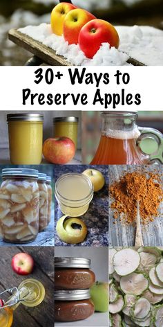 the collage shows different types of preservess and jars with apples, cucumber slices