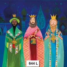 three wise men with crowns standing next to each other in front of a blue background