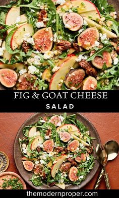 a salad with figs and goat cheese on top is shown in two separate images