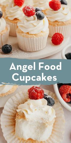 Everyone's favorite light and airy cake has been transformed into cupcakes! These angel food cupcakes are topped with sweetened whipped cream and fresh berries to create the perfect spring or summer dessert. Angel Food Cake Cupcakes, Life Love And Sugar, Angel Food Cupcakes, Food Cupcakes, Cake Mug, Homemade Whipped Cream, Angel Food Cake, Food Cake, Dessert Cupcakes