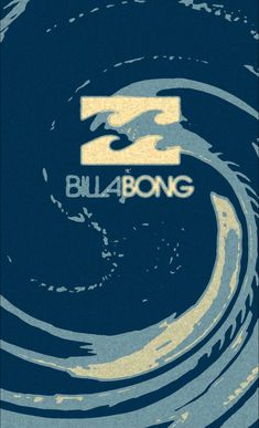 the logo for billabong is shown in blue and yellow colors on a dark background