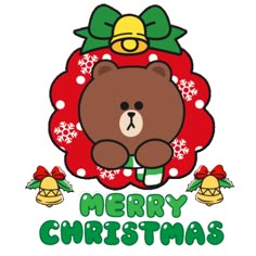 a christmas card with a teddy bear and bells