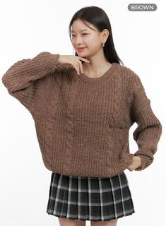 Product Detail Style : Casual Occasion : Back to school Type : Sweater Detail : Cable Material : Polyester, Acrylic Sleeve : Long sleeve Neck : Round neck Fit : Oversize fit Acrylic80 Polyester20 Color : Light beige, Brown, Dark green, Dark gray Made in Korea Model Size Model is wearing size S/M and the color Light beige. Height : 5'5" | 165cm / Top : S / Bottom : S (26 inch) .prddescription table, .prddescription td, .prddescription th { border : 1px solid black; border-collapse : collapse; pad Casual Brown Cable Knit Sweater, Casual Brown Knitted Sweater, Casual Brown Sweater For Fall, Casual Brown Fall Sweater, Trendy Brown Crew Neck Sweater, Casual Gray Cable Knit Sweater, Gray Cable Knit Casual Sweater, Casual Brown Cable Knit Top, Casual Brown Chunky Knit Top