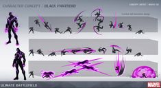 the concept art for black panther's character sheet is shown in purple and white