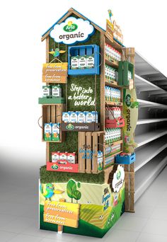 an advertisement for organic products is displayed in front of the store's display shelves