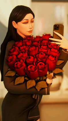 a woman holding a bunch of red roses in her hands and taking a selfie