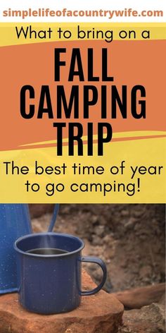 a blue camper mug sitting on top of a rock with the words fall camping trip