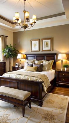 a bedroom with a large bed and two lamps