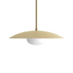 a white light hanging from the ceiling with a beige shade on it's head