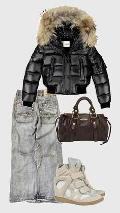 This outfit is a perfect blend of comfort and style for the colder months. A sleek black puffer jacket with a luxurious fur-trimmed hood keeps you warm and cozy, while distressed denim jeans add a casual touch. A stylish wedge sneaker adds a touch of edgy sophistication, and a brown leather handbag completes the look. This ensemble is perfect for a day out or a night on the town. Macrame Photography, Fur Jacket Outfit, Puffer Outfit, 00s Mode, Cool Outfit Ideas, Puffer Jacket Outfit, Skandinavian Fashion, Cool Outfit, Black Puffer Jacket