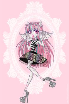 a drawing of a girl with pink hair wearing high heels and holding a purse in her hand