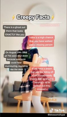 a woman with purple hair standing in front of a couch and texting that reads creepy fact