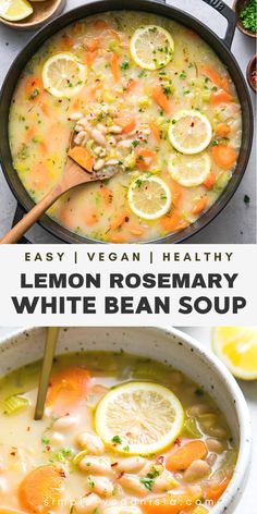 lemon rosemary white bean soup in a skillet with the title text overlay reads easy vegan i healthy lemon rosemary white bean soup