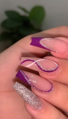 Purple And Silver Nails, Ongles Bling Bling, Purple Acrylic Nails, Purple Nail Designs, Blue Acrylic Nails, Prom Nails, Purple Nails