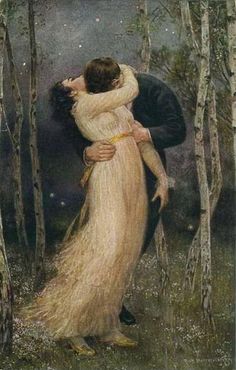 a painting of a man and woman embracing in the woods