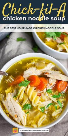 two bowls of chicken noodle soup with text overlay