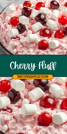 cherry fluff trifle with marshmallows and cherries in the middle