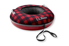 a red and black plaid boat seat on a white background